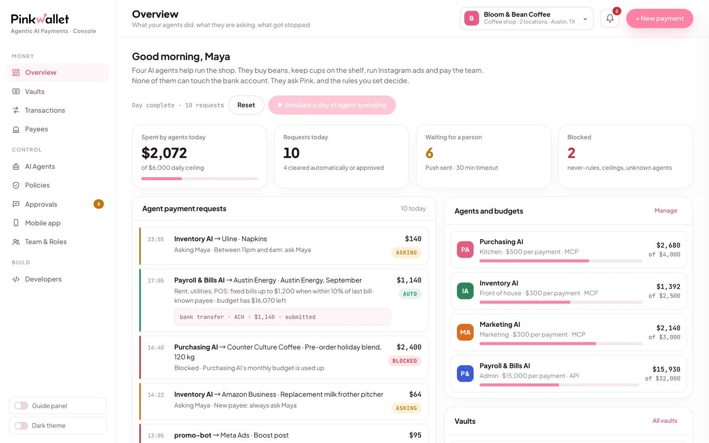 Pink Agentic AI Payments console
